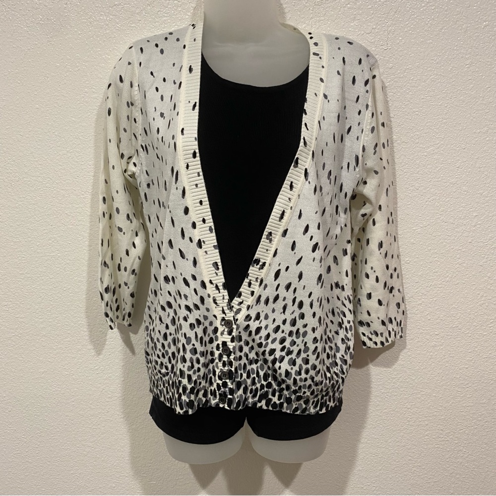 cathy daniels white button down sweater cardigan black shirt long sleeve top